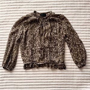 Designer Derek Lam Main Line Leopard Print Blouse Sheer Long Sleeve Top XS